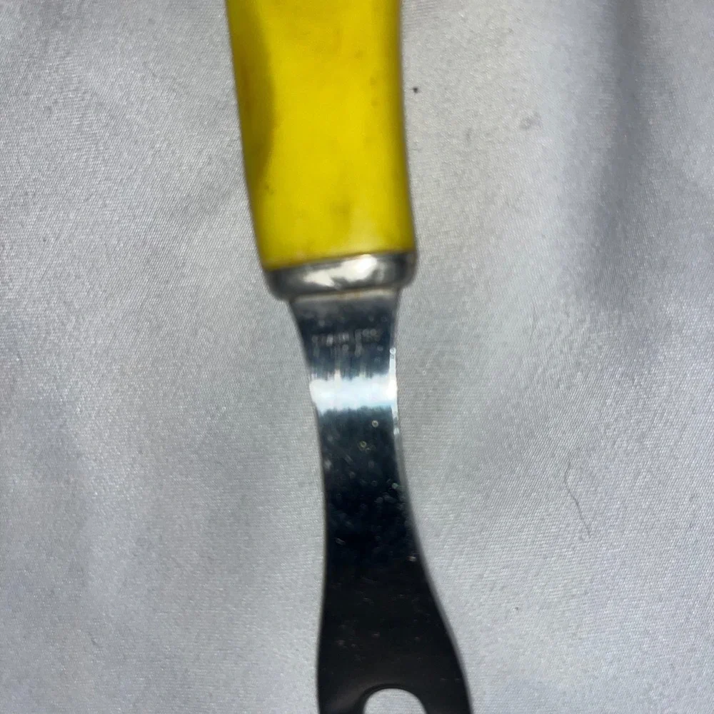 Vintage | Stainless USA | Carving Fork‎ | Plastic Yellow Handle Kitchen | FLAW